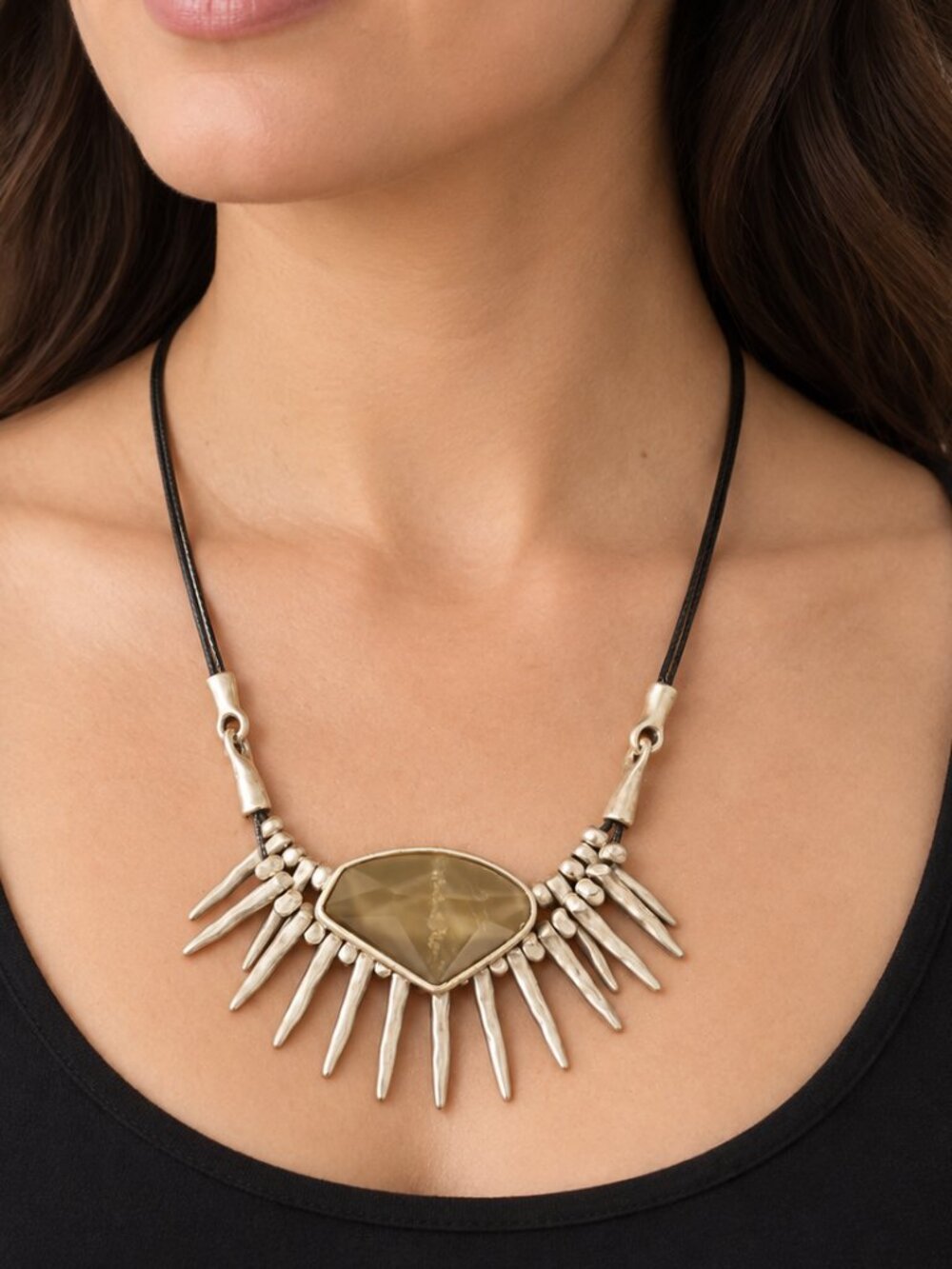 Boho Spike Fringe Necklace with Smoky green Faceted Pendant